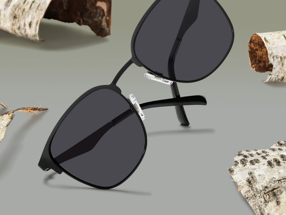 Nahaufnahme einer Sonnenbrille mit Rinde einer Birke