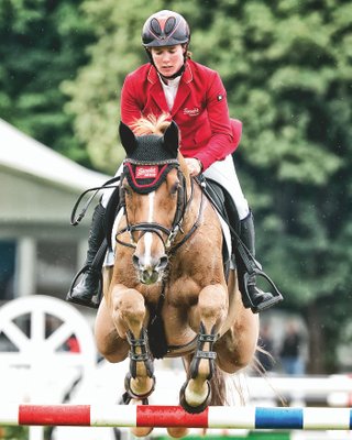 Jörne Sprehe sitzt auf einem braunen Pferd das gerade über ein Hindernis springt