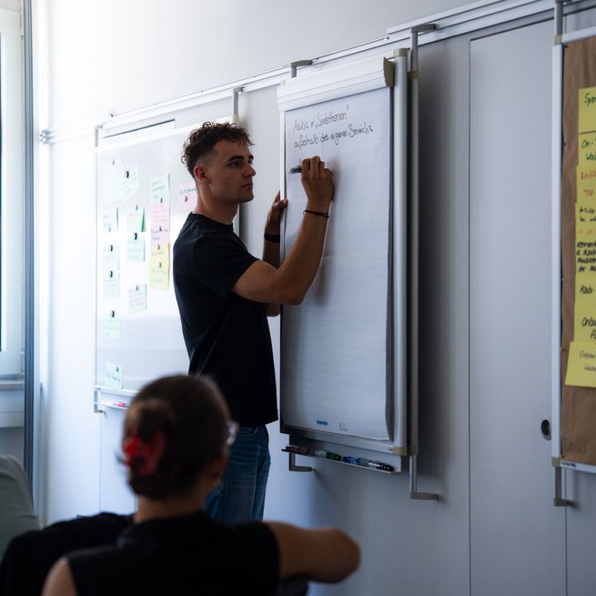 Lukas notiert in einem Meeting Stichpunkte auf Whiteboard.